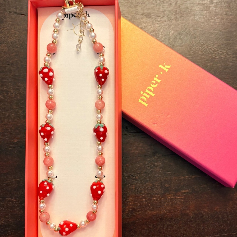 Piper K Glass Strawberry Pearl Beaded Necklace Pink Tourmaline Cottagecore NIB